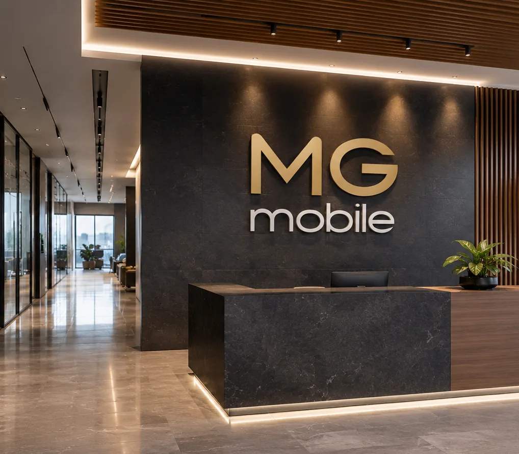 MG Mobil danışma lobisi ve taş duvardaki altın logo